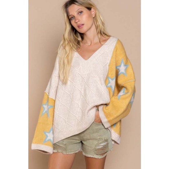 NEW POL Dandelion Blue Star Diamond Knit Color Block V Neck Oversized Sweater - Picture 4 of 11